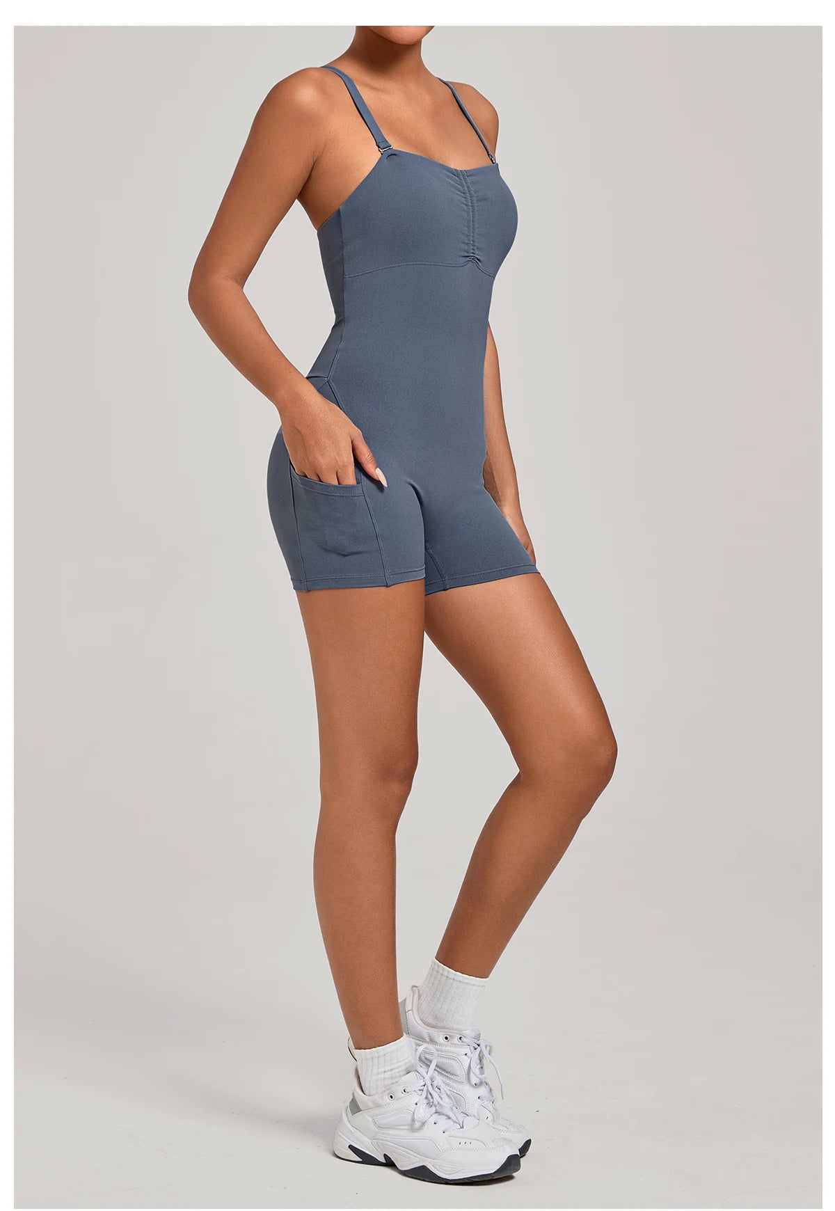 Womens Two Way Wear Bodysuit Sleeveless Yoga Stretch One Piece Romper Sexy Fitness Side Pockets Sportwears Bodysuit