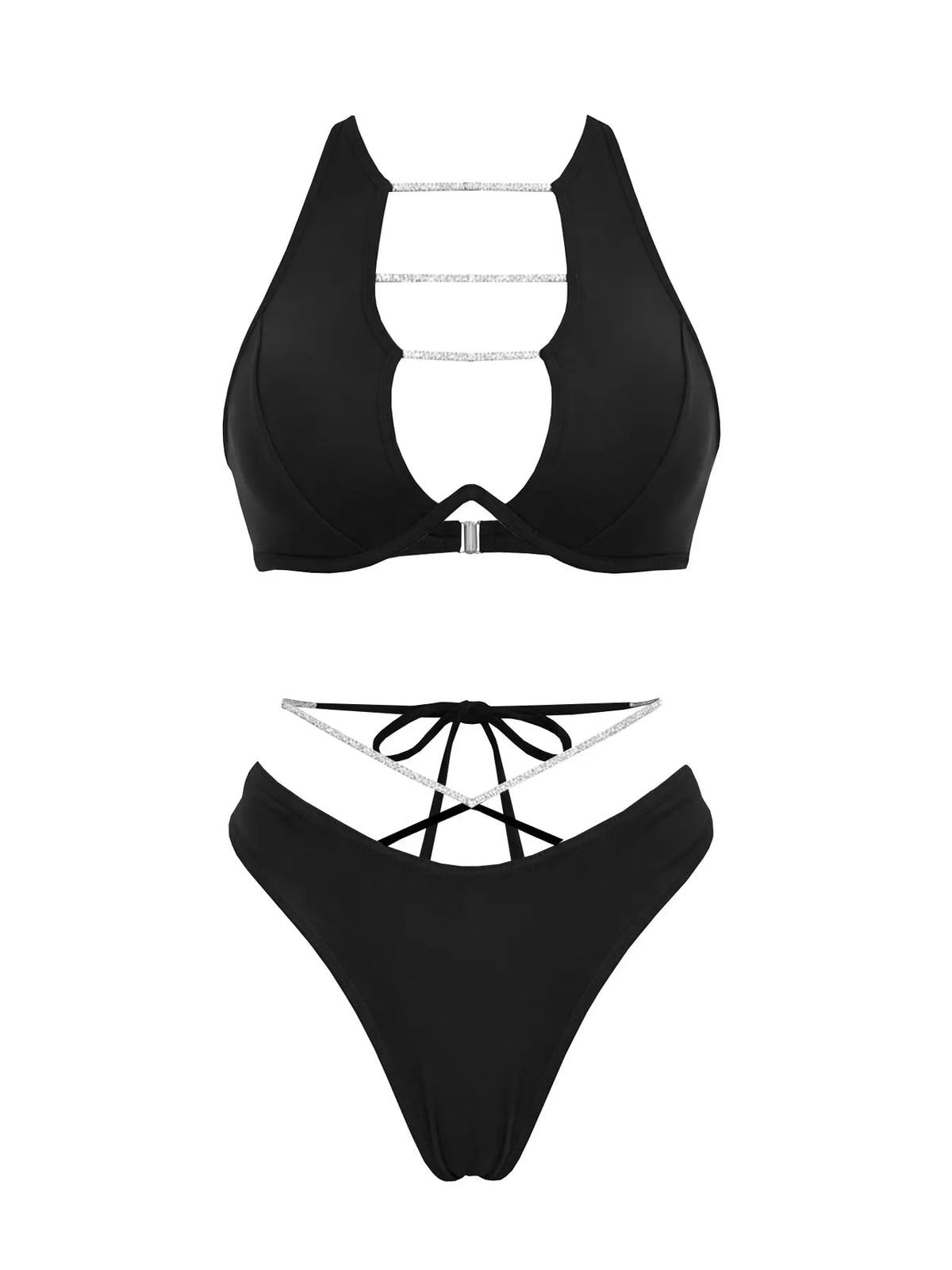 Chic Bandage Bikini With Shiny Short Skirt Women 3Pcs Swimsuit Sexy Cut Out Biquini Lady Swimwear Bathing Suit Female Beachwear