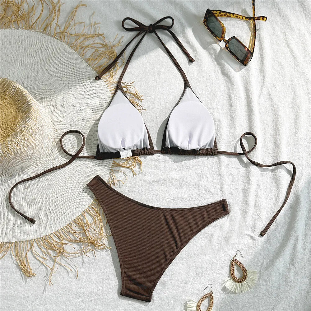 Brown String Halter Triangle Bikini Ribbed Solid Swimwears Sexy Swimsuit Women 2026 Padded Bikinis Sets Bathing Swimming Suit
