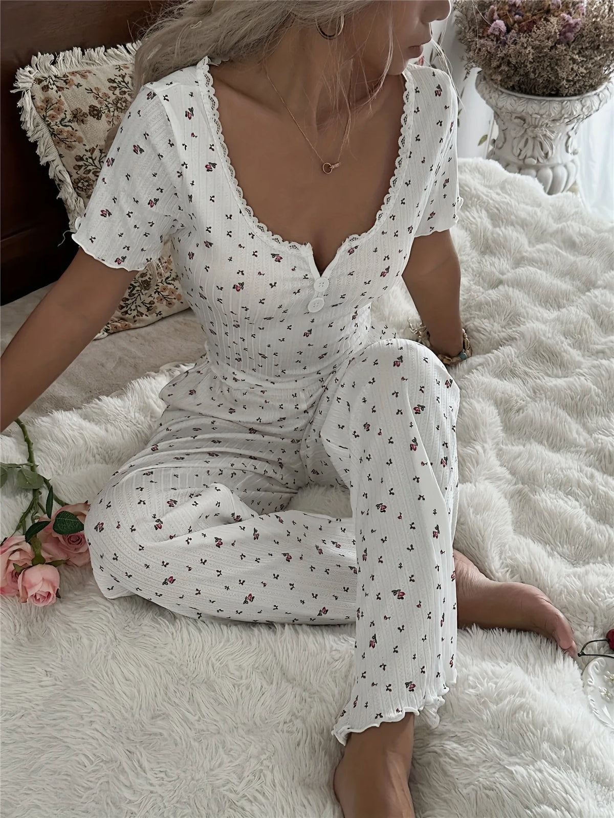 Autumn Winter Floral Printed Short Sleeve Tops and Trousers Suit Women Casual Pajamas Set Comfortable Sleepwear Loungewear