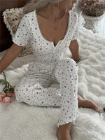 Autumn Winter Floral Printed Short Sleeve Tops and Trousers Suit Women Casual Pajamas Set Comfortable Sleepwear Loungewear
