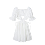 Foridol Lace Summer White Dress Women Puff Sleeve Embriodery Waist Cut Out Beach Short Sexy Cotton Dress Backless 2025 Sundress