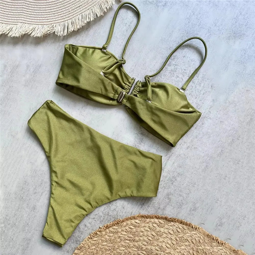 Brown Shiny U Shaped Bikini High Waist Sexy Swimsuit Women 2026 Wrinkled Solid Swimwears Bathing Suit Bandeau Bikinis Sets Mujer