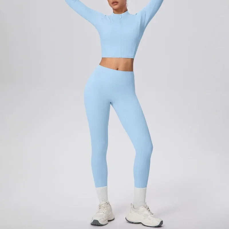 New Women Yoga Set Solid Color Double-Sided Brushed Bare Feel Short Long-Sleeve Jacket Tight Pants Running Fitness 2-Piece Set