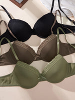 3PCS Women's Underwear Set Lace Trim Ribbed Push Up Bra Bow Comfortable Underwire Support Women's Bra