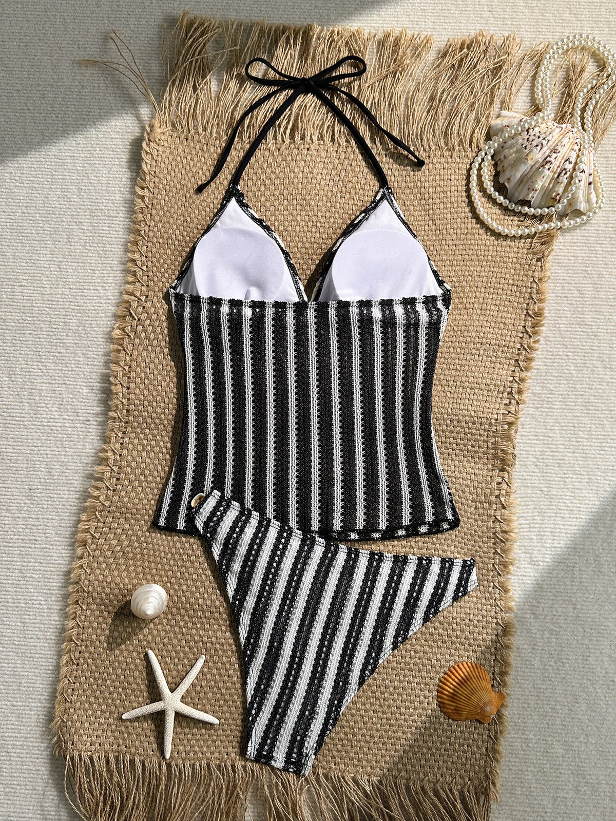 Vintage Red Striped Two Piece Bikini Set 2026 Women Shell Starfish V Neck Top High Waist Swimsuit Beach Bathing Suit Swimwear