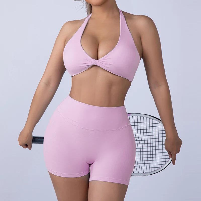 2PCS Nude Sexy Yoga Set Halter Neck Sports Bra And Shorts Breathable Fitness Training Underwear Slimming Beautiful Back Design