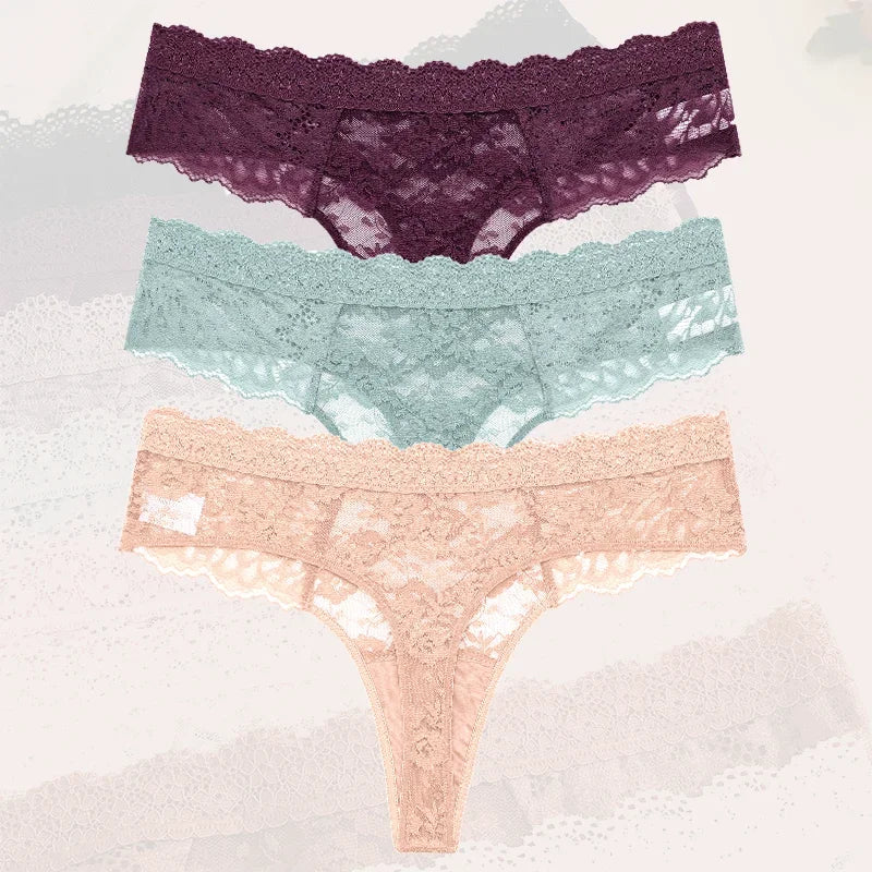 3Pcs Lace Sexy Thongs Women Low-Rise Briefs Sexy Soft Ladies Underwear Trendy Floral Underpants Female Flowery Panty Lingerie