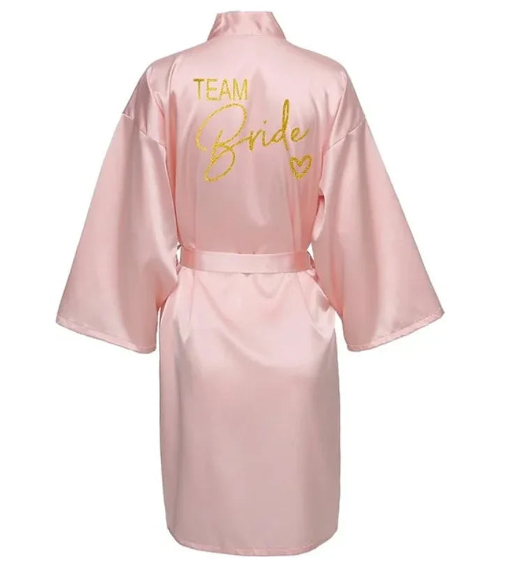 Wedding Party Team Bride Robe Kimono Satin Pajamas Bridesmaid Bathrobe Gold Letter SP089