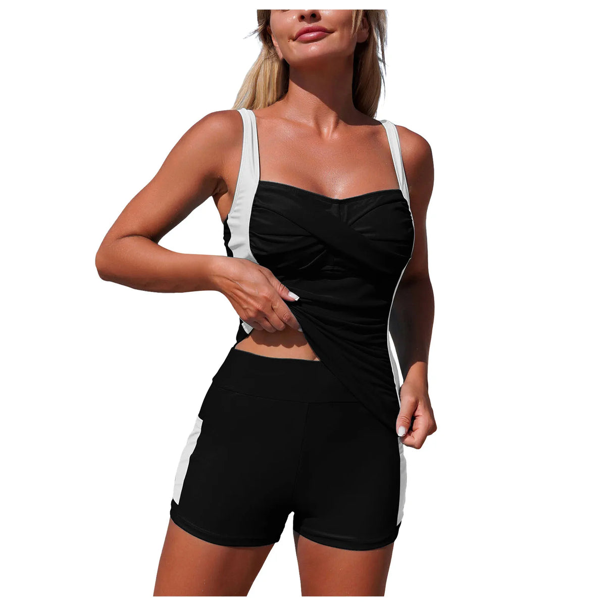 Women's Two Piece Swimsuit With Pocket Color Blocked Sporty Tankini High Waist Ruched Bathing Swimming Suit Summer Beachwear