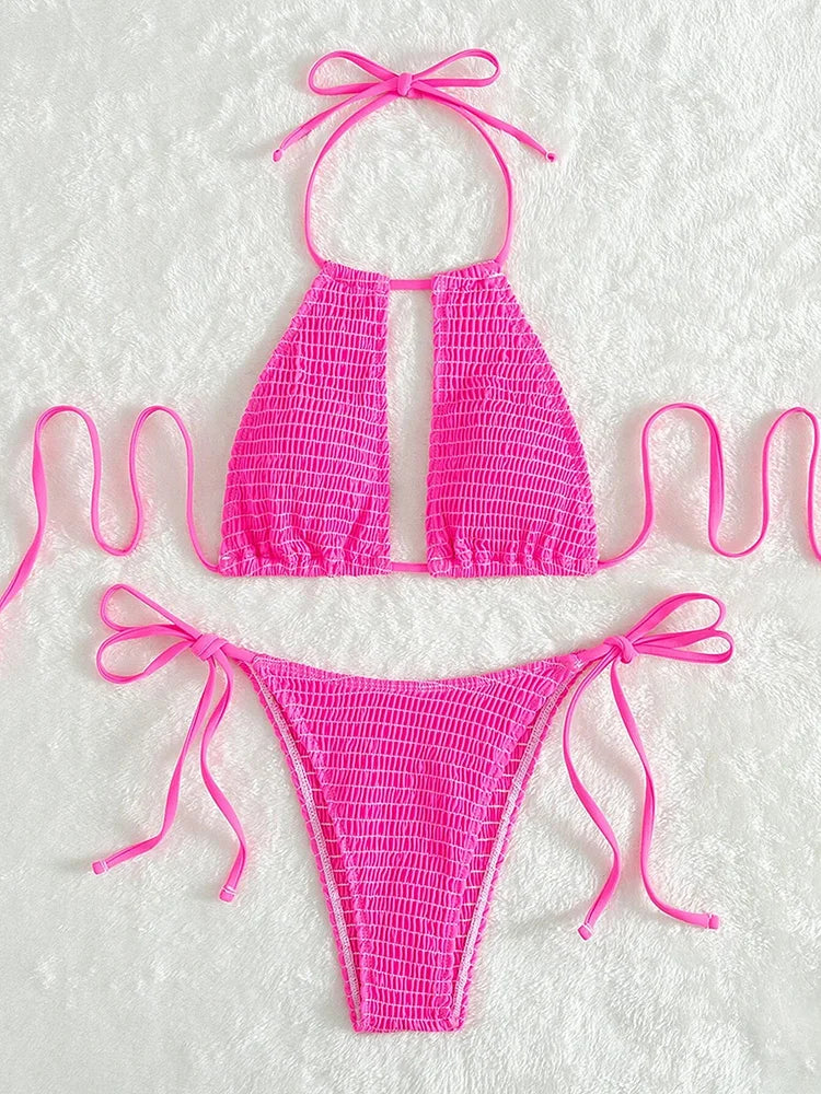 2025 Halter Tie Side Hollow Out Smocked Bikini Women Swimsuit Female Swimwear Two Pieces Bikini Set Swim Bathing Suit Beach Wear
