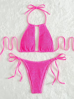 2025 Halter Tie Side Hollow Out Smocked Bikini Women Swimsuit Female Swimwear Two Pieces Bikini Set Swim Bathing Suit Beach Wear