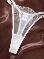 White Iridescent Peacock Feather Embroidered Lace Bra and Panty Set Women Sexy Sheer Mesh Underwear Two Piece