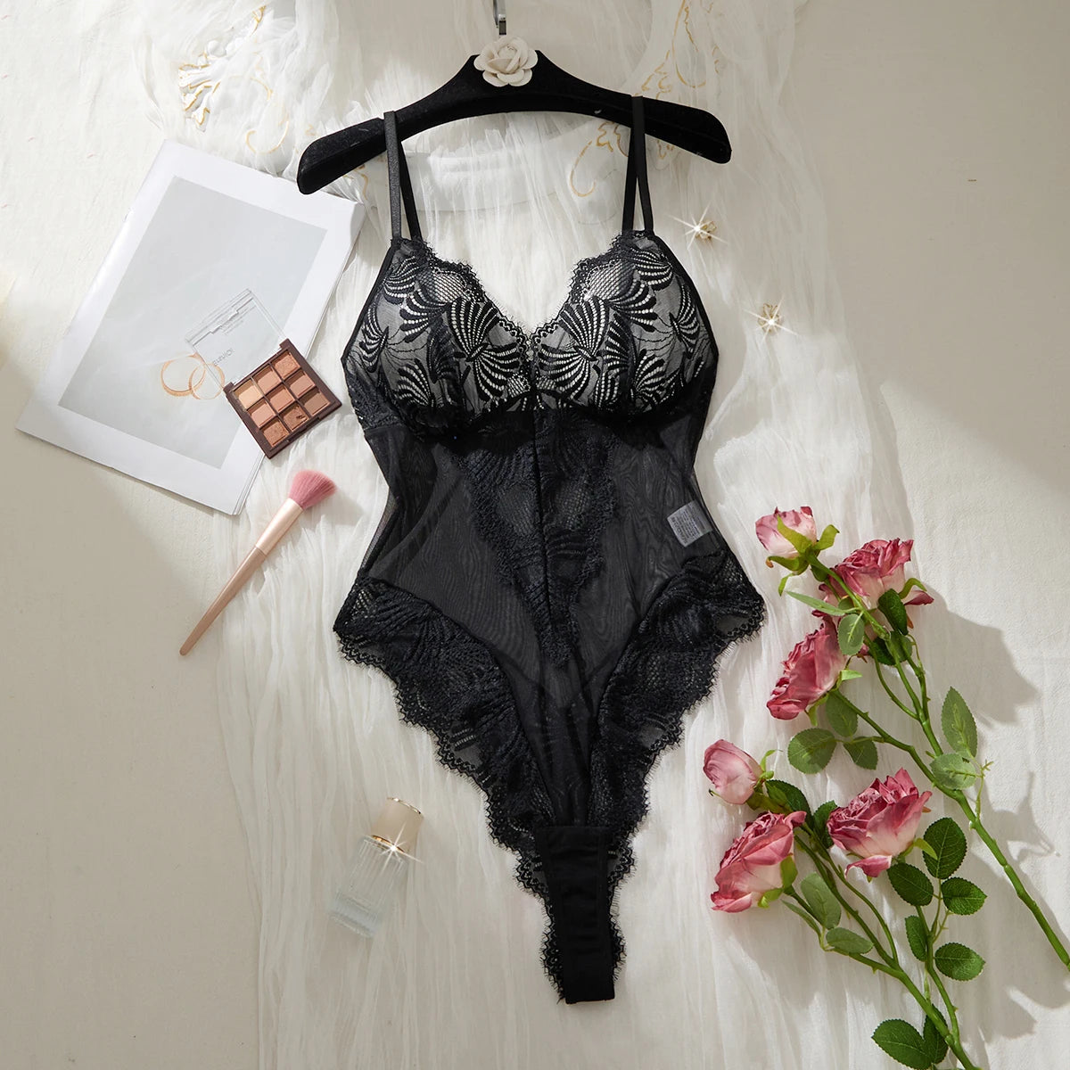 Black Sheer Mesh Teddy Bodysuit Women Floral Lace V Neck Ruffle Trim One Piece Lingerie Intimate Body Suit Sleepwear ZA825256