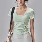 Big round Neck Yoga T-Shirt Short-Sleeved Slimming Sports Top with Fixed Chest Cushion for Running Pilates Summer Stretch