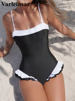 Ruffled Frilled Splicing One Piece Swimsuit Women Swimwear Female Monokini High Leg Cut Padded Bather Bathing Suit Swim V7414