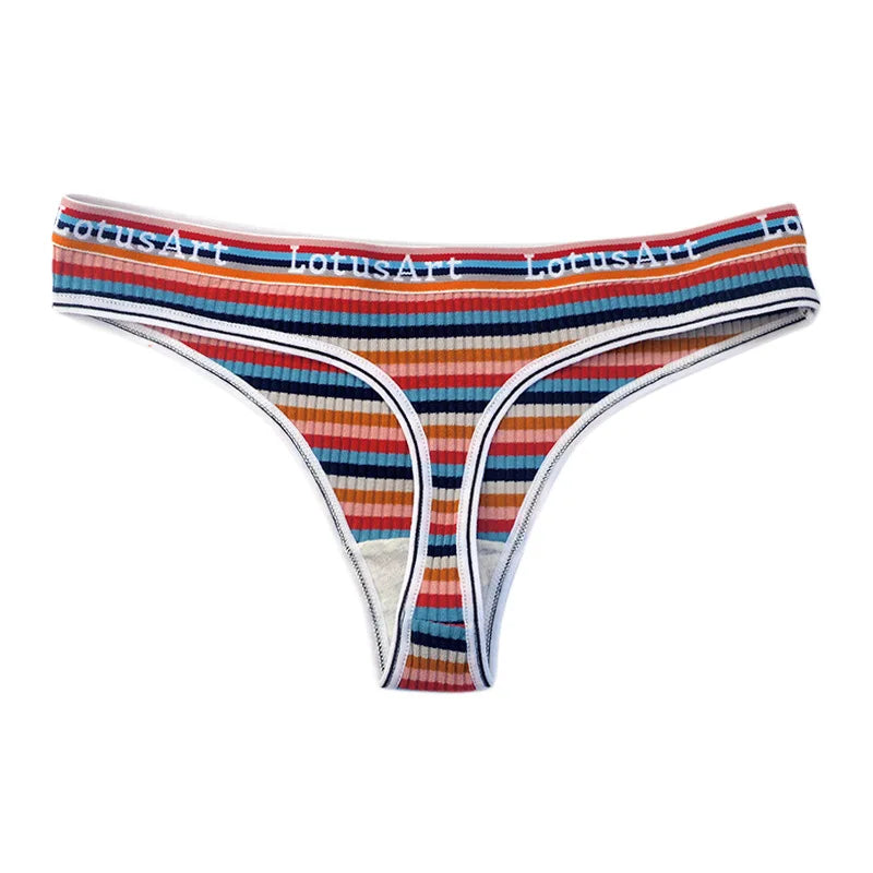 5Pcs/Set G-string Women Panties Female Low Waist Thongs Seamless Underwear Sexy Lingerie Rainbow Striped Cotton Underpants M-XL