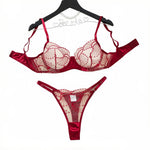 Sexy Red Floral Embroidery Lace Bra Thong Set Women Sheer Mesh Satin Trim 2‑Piece Intimate Lingerie Underwear Sleepwear ZA825287