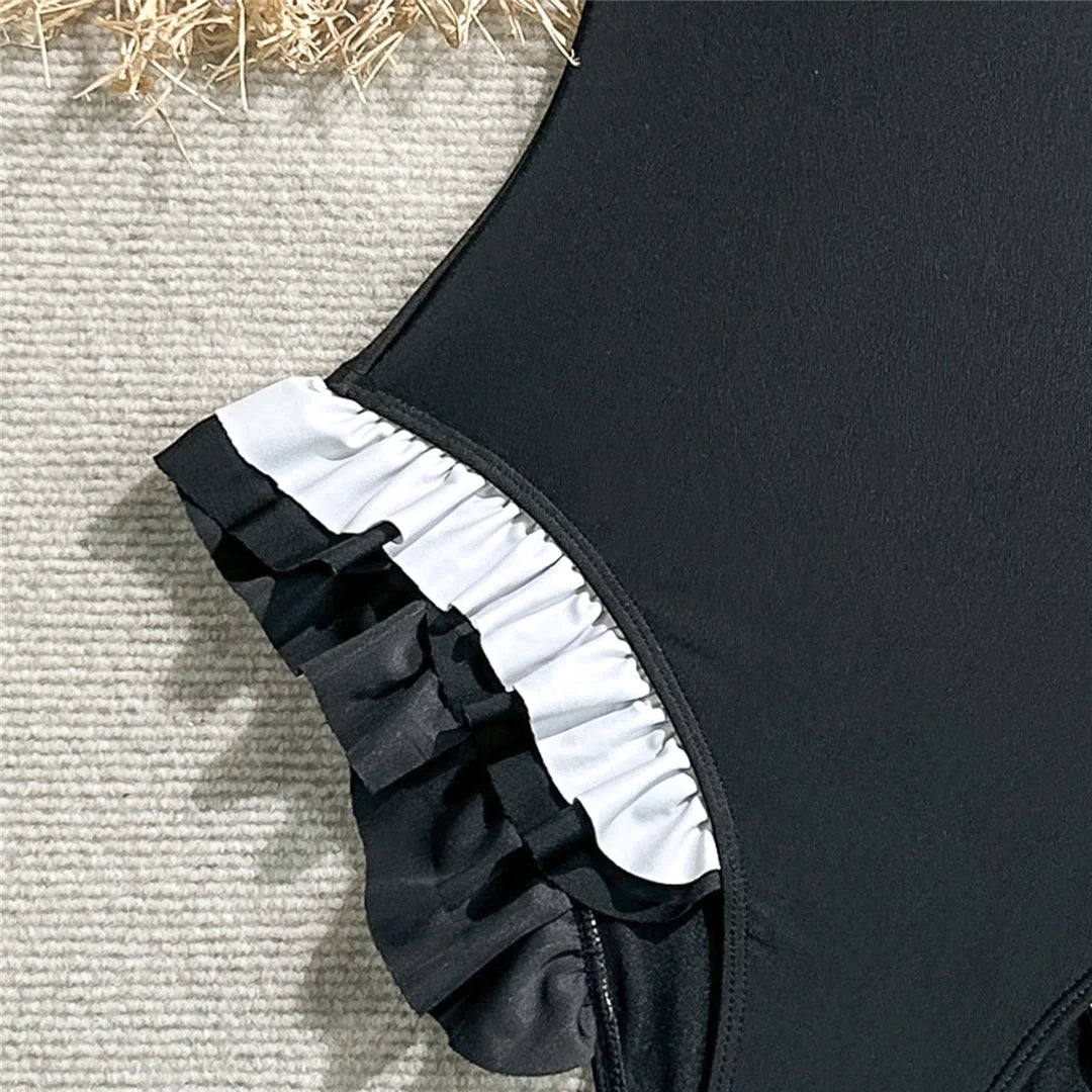 Ruffled Frilled Splicing One Piece Swimsuit Women Swimwear Female Monokini High Leg Cut Padded Bather Bathing Suit Swim V7414