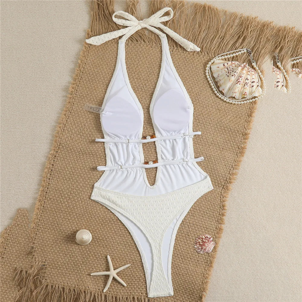 Sexy Halter Backless White Swimsuit Woman One Piece Bead String Swimwears 2026 Hollow Out Monokini High Cut Swimming Suit Bather