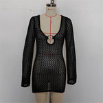 Long Sleeve Hollow Out Crochet Knitted Tunic Beach Dress Beach Wear Beachwear Beach Cover Up Cover-upsFemale Women V6552