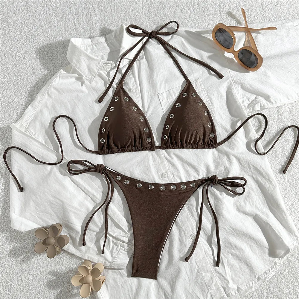 Sexy Black Rivet Holes Micro Bikini Thong Set Swimsuit Women 2026 String Halter Triangle Swimwear Bathing Suit Bikinis De Mujer