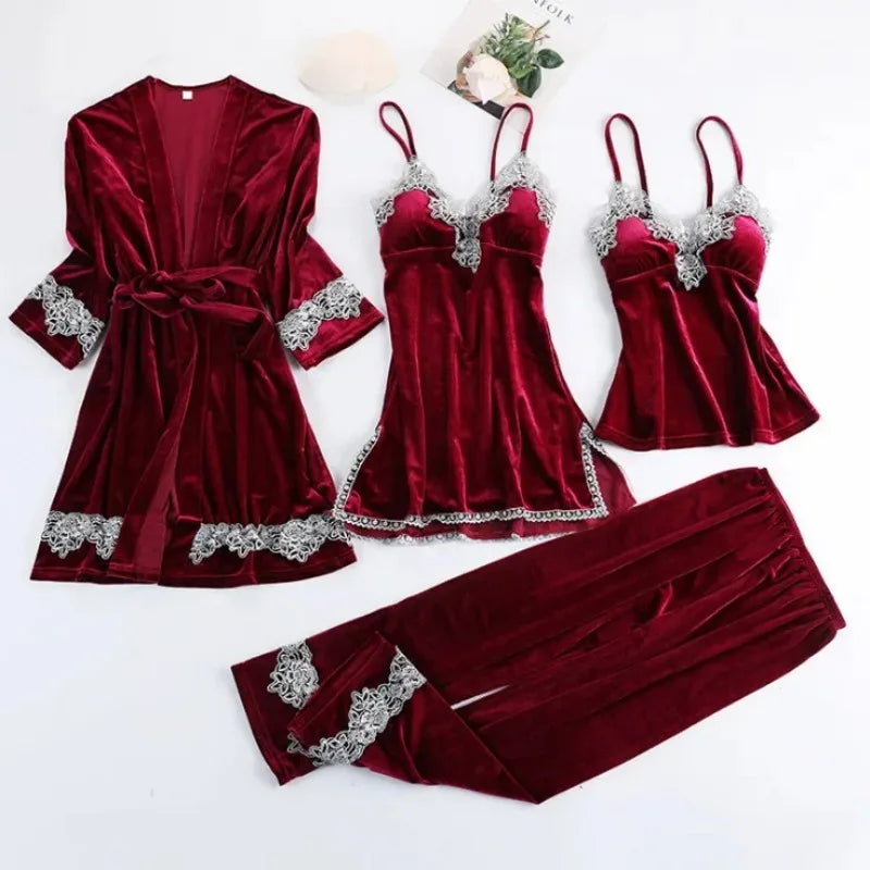 Korean Style Gold Velvet Sleepwear Women's Spring Autumn Stripe Sexy Strap Home Clothes Set Long Sleeve V-neck Home Suit 2025