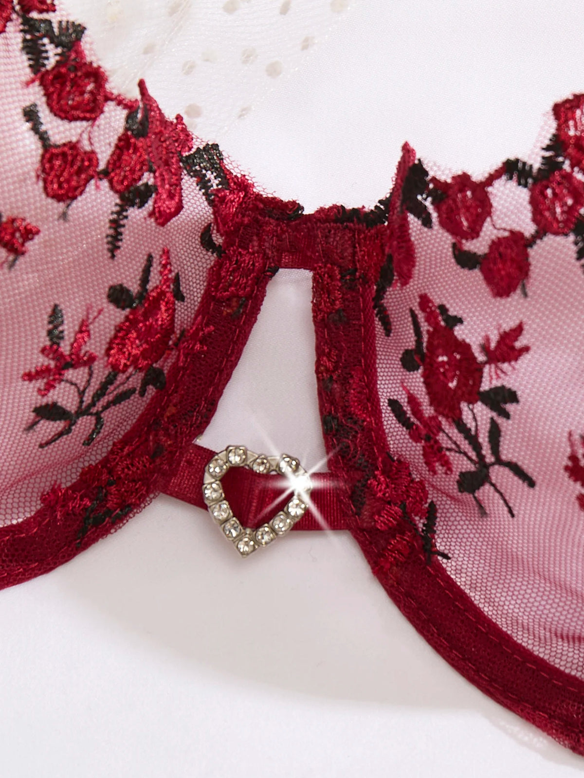 French vintage wine-red rose embroidery lingerie set - net sheer bra + T-shirt - sexy sensual women's lingerie ZA824026