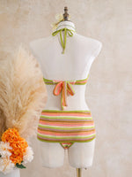 Sexy Black Stripe Knitted One Piece Swimwear Skirts Sets 2026 Women Metal Circle Hollow Out Backless Bathing Suit Thong Swimsuit