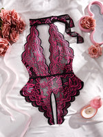 S-4XL Sexy Crotchless Halter Lingerie Women Lace Hollow Transparent Curvy Erotic Bodysuit Deep V Open Bra Underwear Set Babydoll