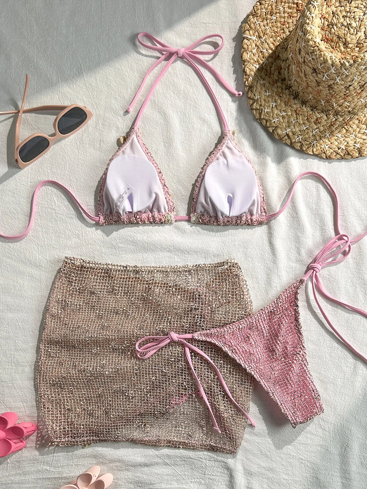 DEKA Knitted Mesh Halter Tie 3 Pieces Bikinis Sets with Package Skirt Swimsuits Beachwear Swimwear Biquini Купальник Женский