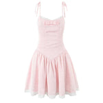 Women's Dark Pattern Bow Cute Sweet Princess Dress White And Pink Strap Mini Dress With Lace Trim Bow And Flared Ruffle Hem SK6A