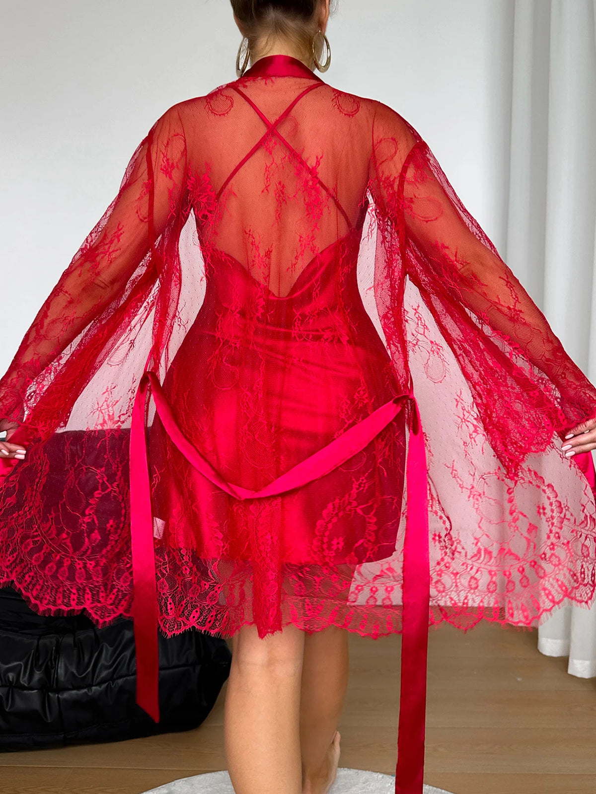 Women 2Pcs Red Satin Sleepwear Set Lace Robe with Piled-Up Collar Backless Slip Dress Sexy Nightwear for Home or Dating