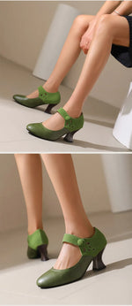 Summer Spring Cute Women Pumps Round Toe 6.5cm Small Heels Flock and PU Ankle Strap Buckle Green Yellow Big Size 46 48