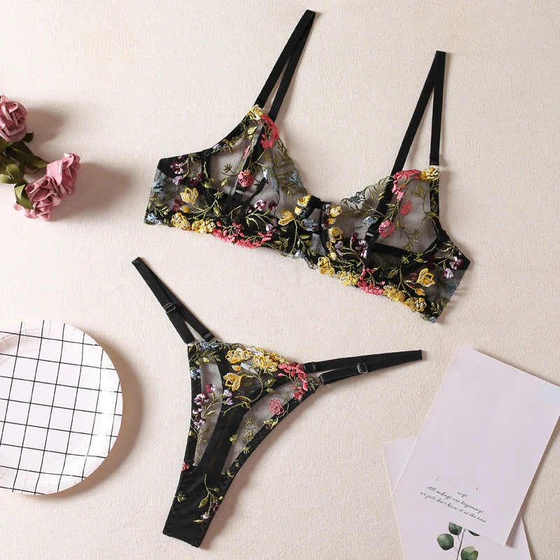 Sexy Floral Fancy Lingerie Lace Embroidery Fairy Seamless Tulle Underwear See Through Exotic Sets for Women Fahion Bilizna Set