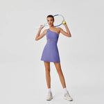 Sexy Hollow Waist Tennis Dress Women One Shoulder Pleate Sleeveless Built in Bra with Inner Separate Shorts Yoga Golf Dresses