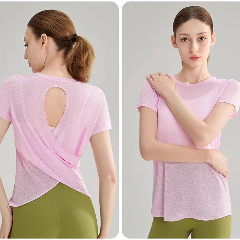 Women's Quick Drying Hollow out Back Sports T-Shirt Yoga Suit Top Short Sleeve Fitness Cover up