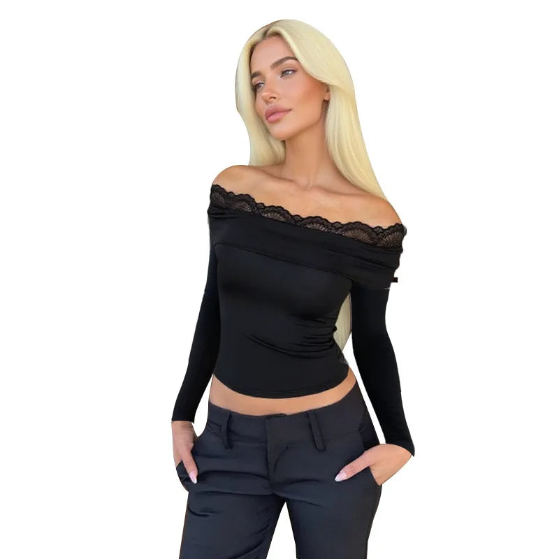 Y2K Streetwear Lace Long-Sleeve Off-Shoulder Top for Women American Style Slim-Fit Hot Girl T-Shirt Lady Spring Autumn Outfit