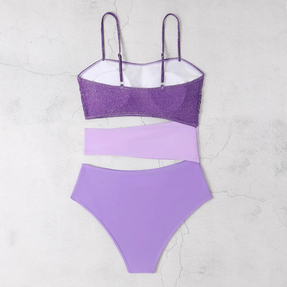 New Shiny Purple Contrast Swimsuit 2025 Women Halter Hollow Out Patchwork One Piece Swimwear Beach Bathing Suit Pleate Monokini