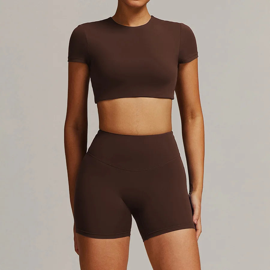 Women 2PCS Yoga Suit Sports Gym Set Tracksuit Workout Long Sleeve Shirt Fitness Flared leggings Short sleeve shorts running suit