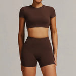 Women 2PCS Yoga Suit Sports Gym Set Tracksuit Workout Long Sleeve Shirt Fitness Flared leggings Short sleeve shorts running suit