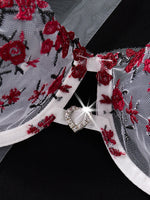 Women's White Red Rose Embroidered Underwear Set - French Romantic Date Intimate Women's Underwear ZA824026