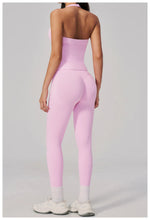 Summer Seamless Yoga Sets Women V Neck Slim Sports Tank Top Fitness Suit Peach Hip High Elasticity Leggings Running Tracksuit