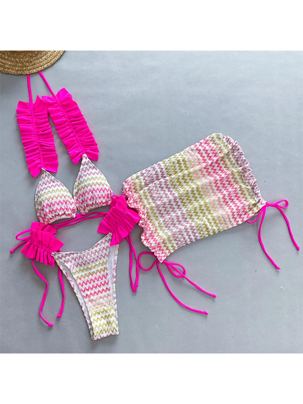 Blue Three-pieces Bikini set With Skirt Waved Ruffled Frilled Bikini Female Swimsuit Women Swimwear Bather Bathing Suit V5235C