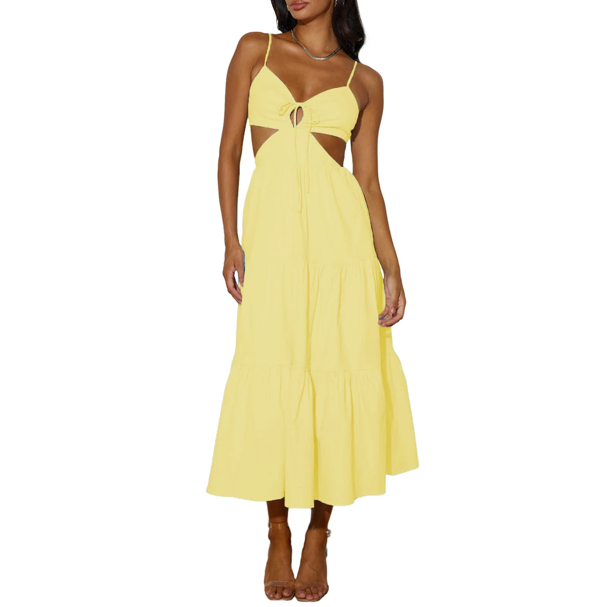Spaghetti Strap Vacation Long Dress For Women Summer 2025 Fashion Elegant Sleeveless Backless Hollow Out Vestidos Party Dresses
