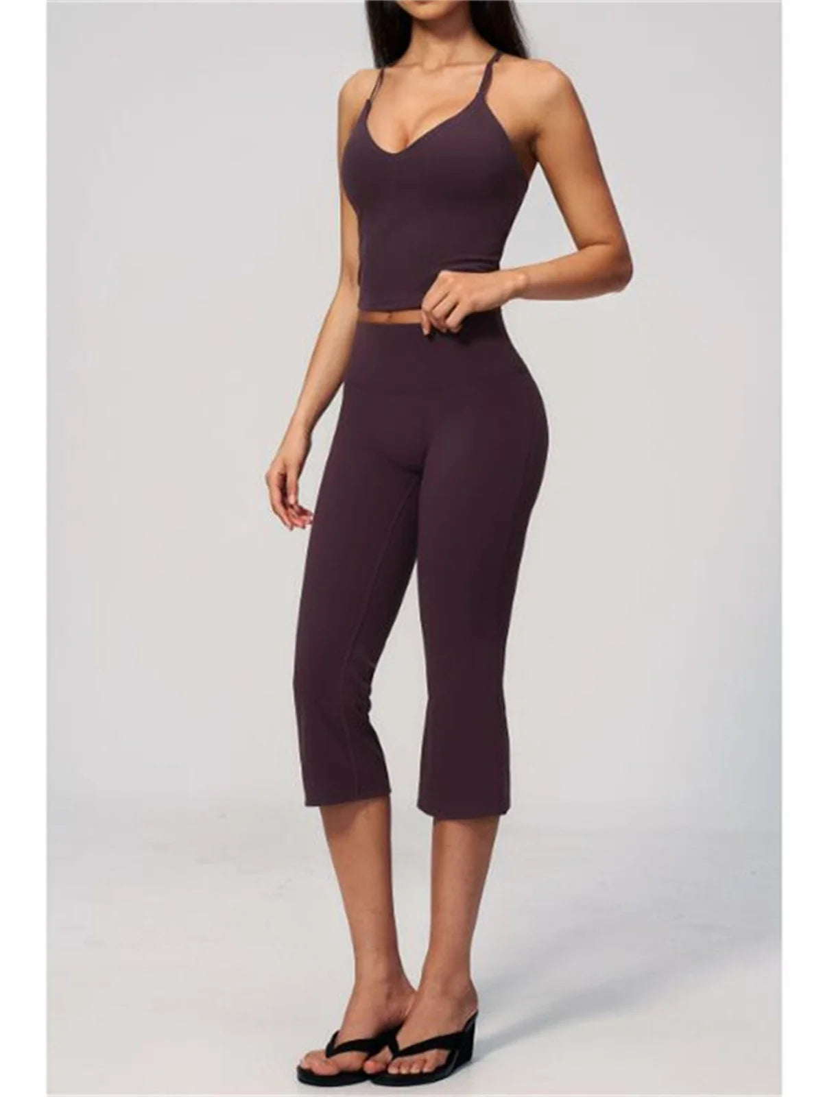 Summer New Yoga Clothing Women Solid V Neck Slim Sports Tank Top Athletic Wear High Waist Butt Lift Mid Pants Gym Fitness Suits