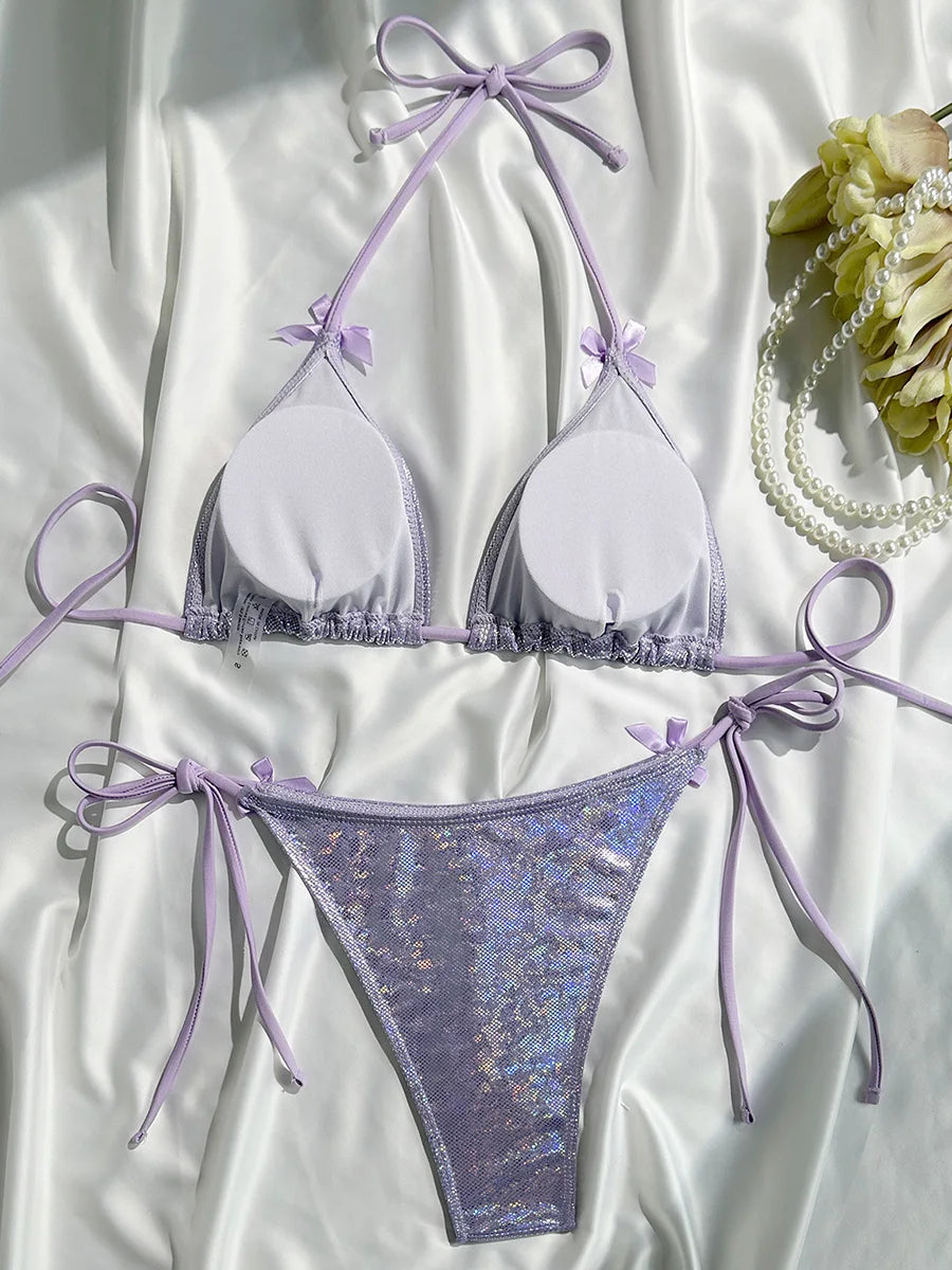 Sparkling Glitter Halter Bow Bikini Female Swimsuit Women Swimwear Two-pieces Bikini Set High Cut Bather Bathing Suit Swim Lady