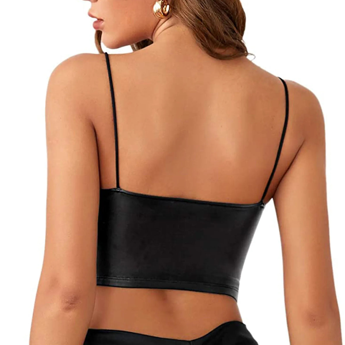 Womens Black Faux Leather Cami Top V Neck Thin Strap Sleeveless Solid Color Camisole Sexy Going Out Top For Nightclub Streetwear