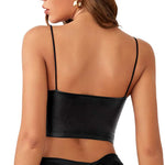 Womens Black Faux Leather Cami Top V Neck Thin Strap Sleeveless Solid Color Camisole Sexy Going Out Top For Nightclub Streetwear