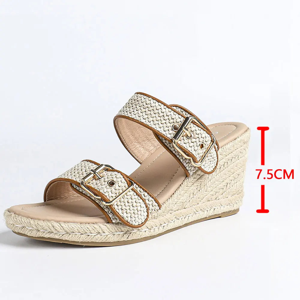 Summer Bohemian 2 Buckle Adjustable Straps Espadrille Wedge Sandals Women Leisure Roma Platform Beach Vacation High Heels Shoes